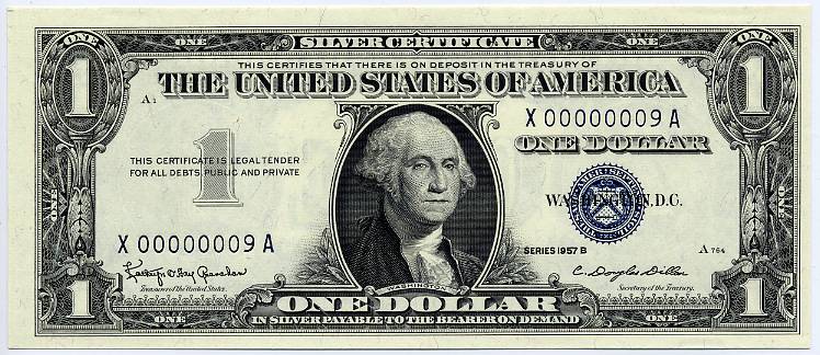 1957B $1 Silver Certificate S/N X00000009A