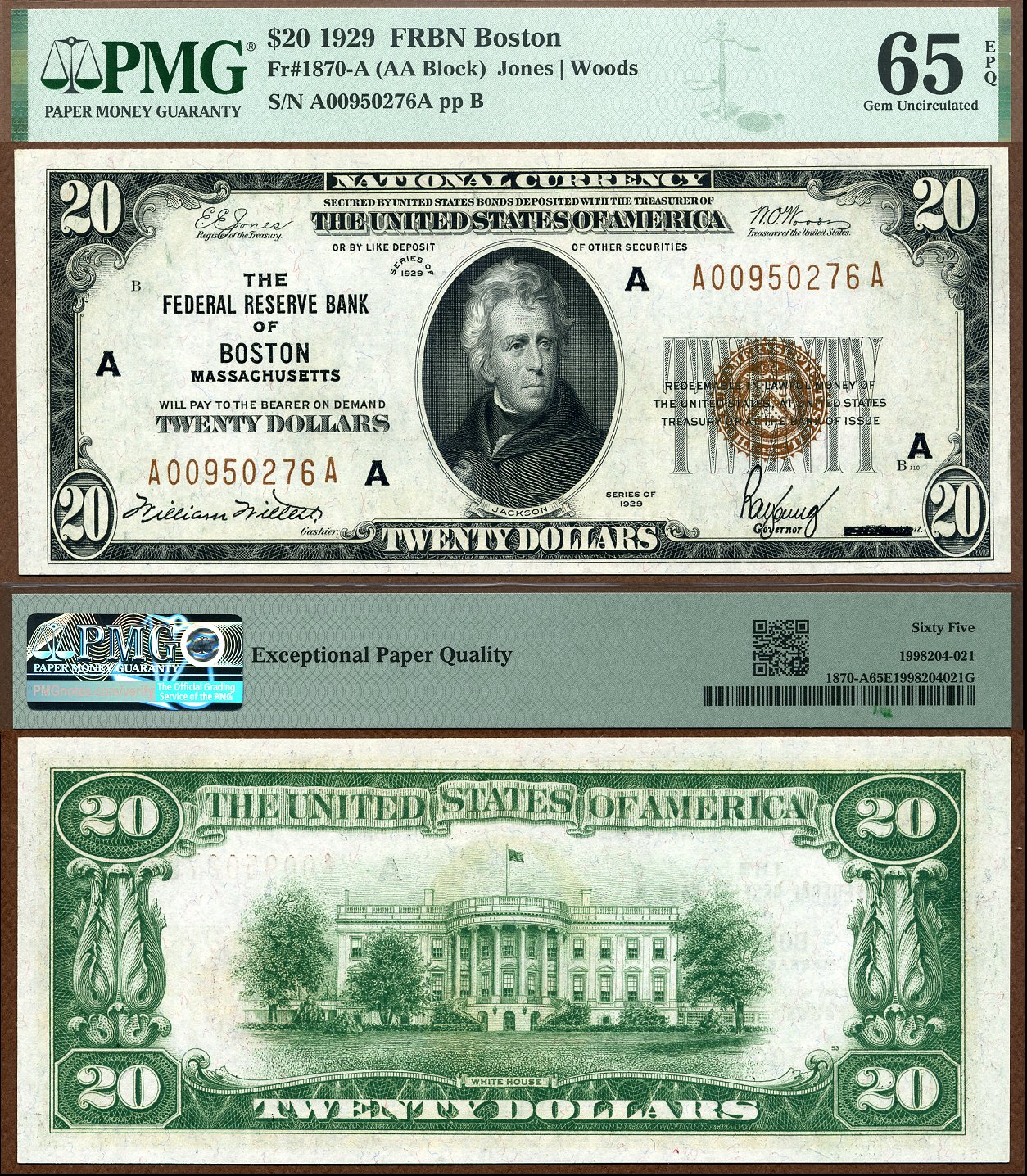 1929 $20 Federal Reserve Bank Note FR-1870-A Boston Massachusetts PMG Graded Gem 65EPQ S/N A00950276A
