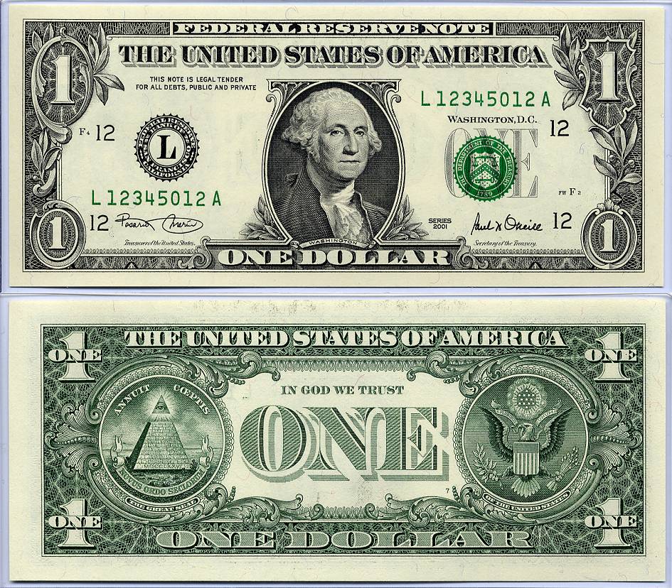 2001 $1 Federal Reserve Ladder Note S/N L 12345012 A