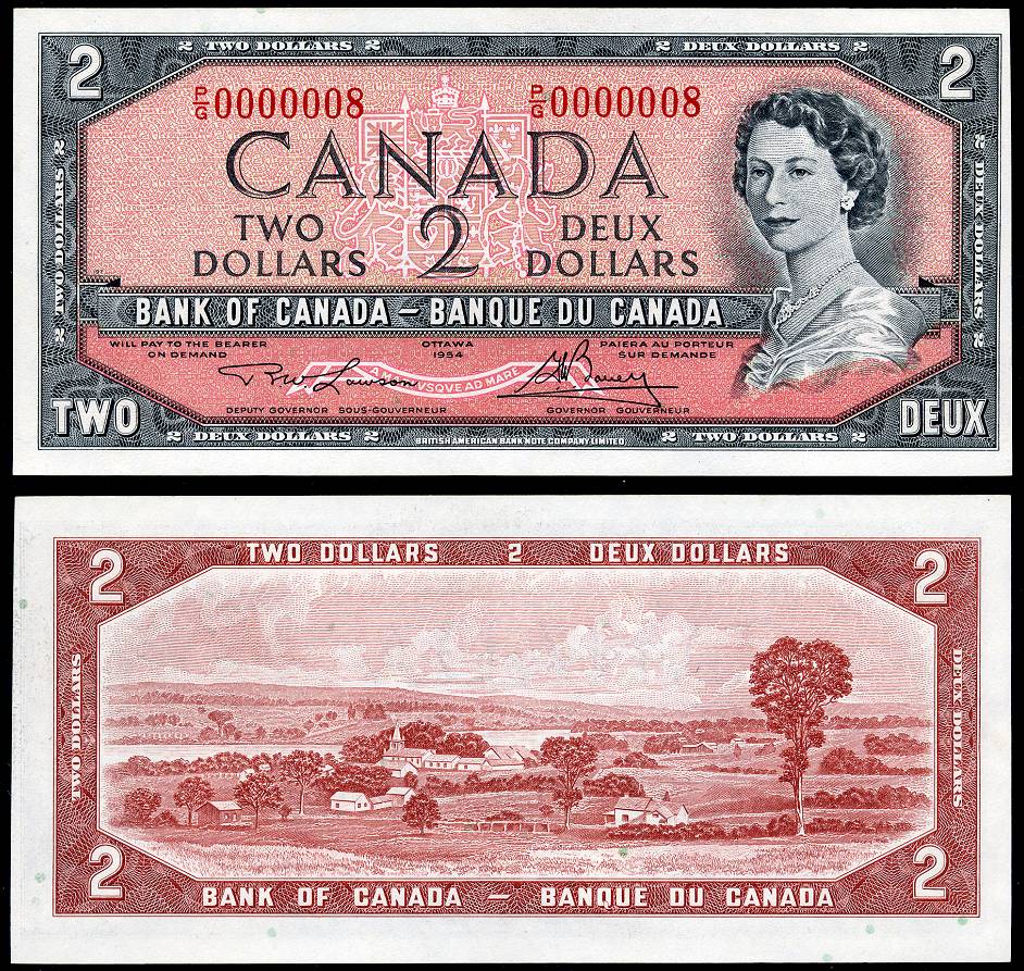 1954 $2 Bank of Canada Note S/N P/G 0000008