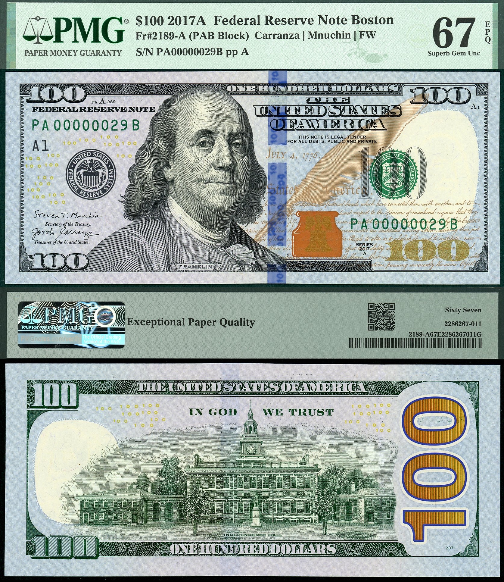 2017A $100 Federal Reserve Note FR-2189A PMG Gem 67EPQ S/N PA00000029B