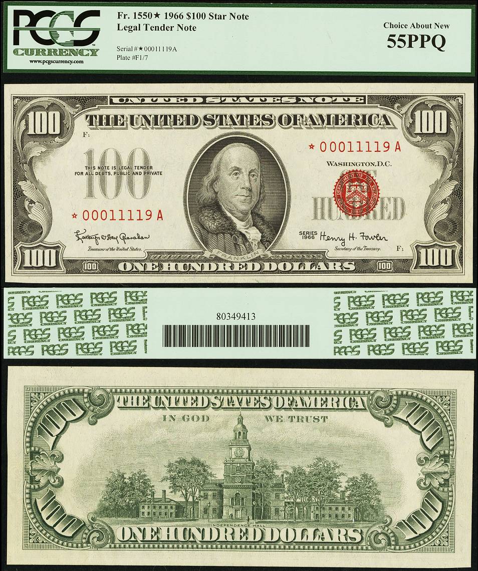 1966 $100 Legal Tender Star Note Red Seal FR-1550* PCGS AU55PPQ S/N *00011119 A