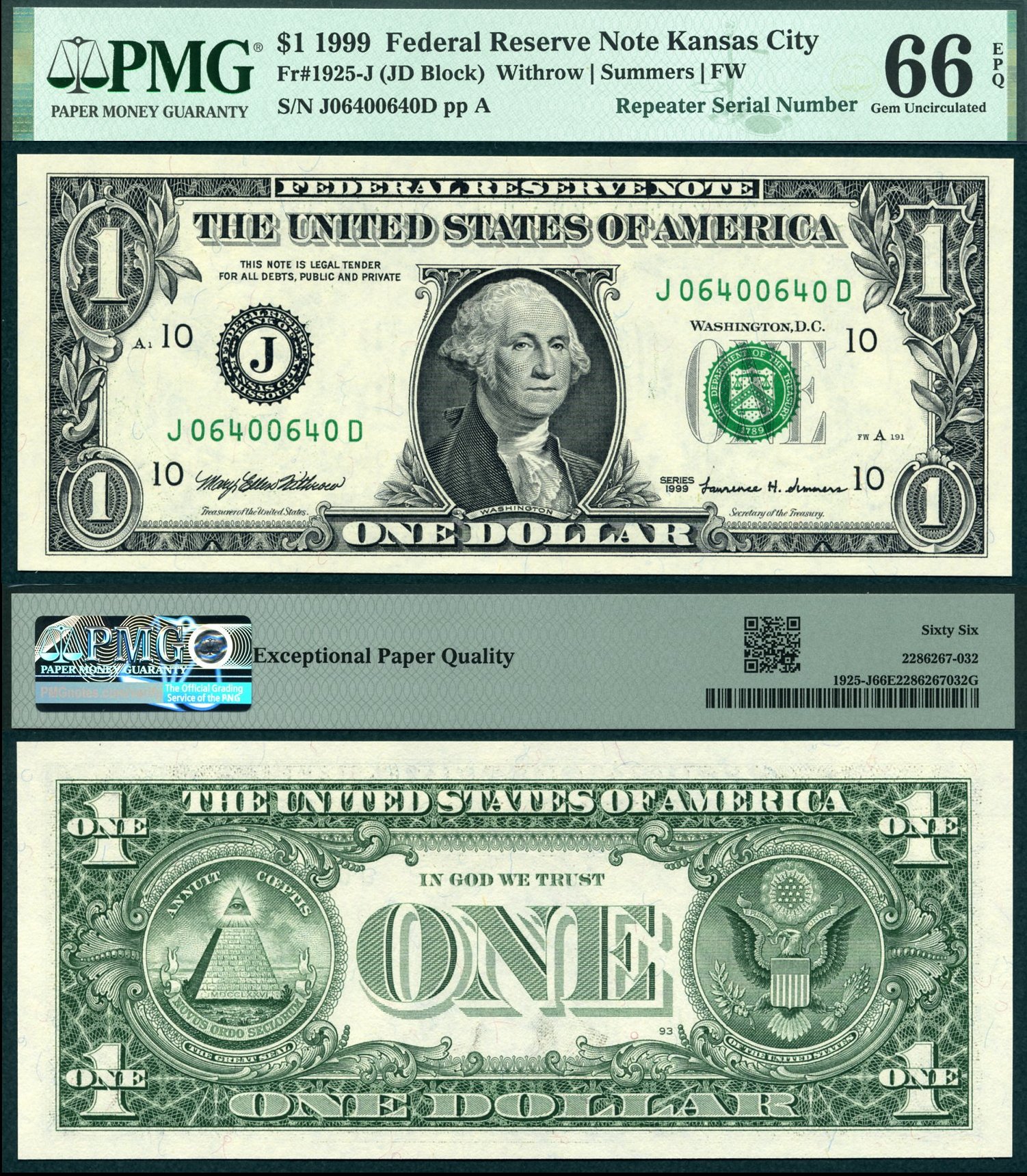 1999 $1 Federal Reserve Note FR-1925J PMG Gem 66EPQ Fancy Repeater S/N J06400640D