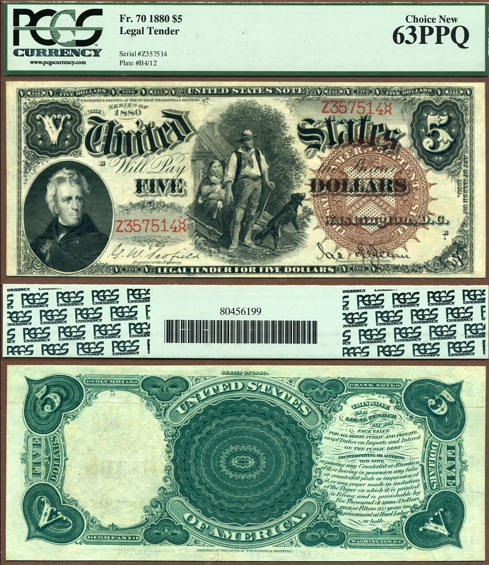 1880 $5 Legal Tender Note FR-70 PCGS Graded Choice New 63PPQ S/N Z357514