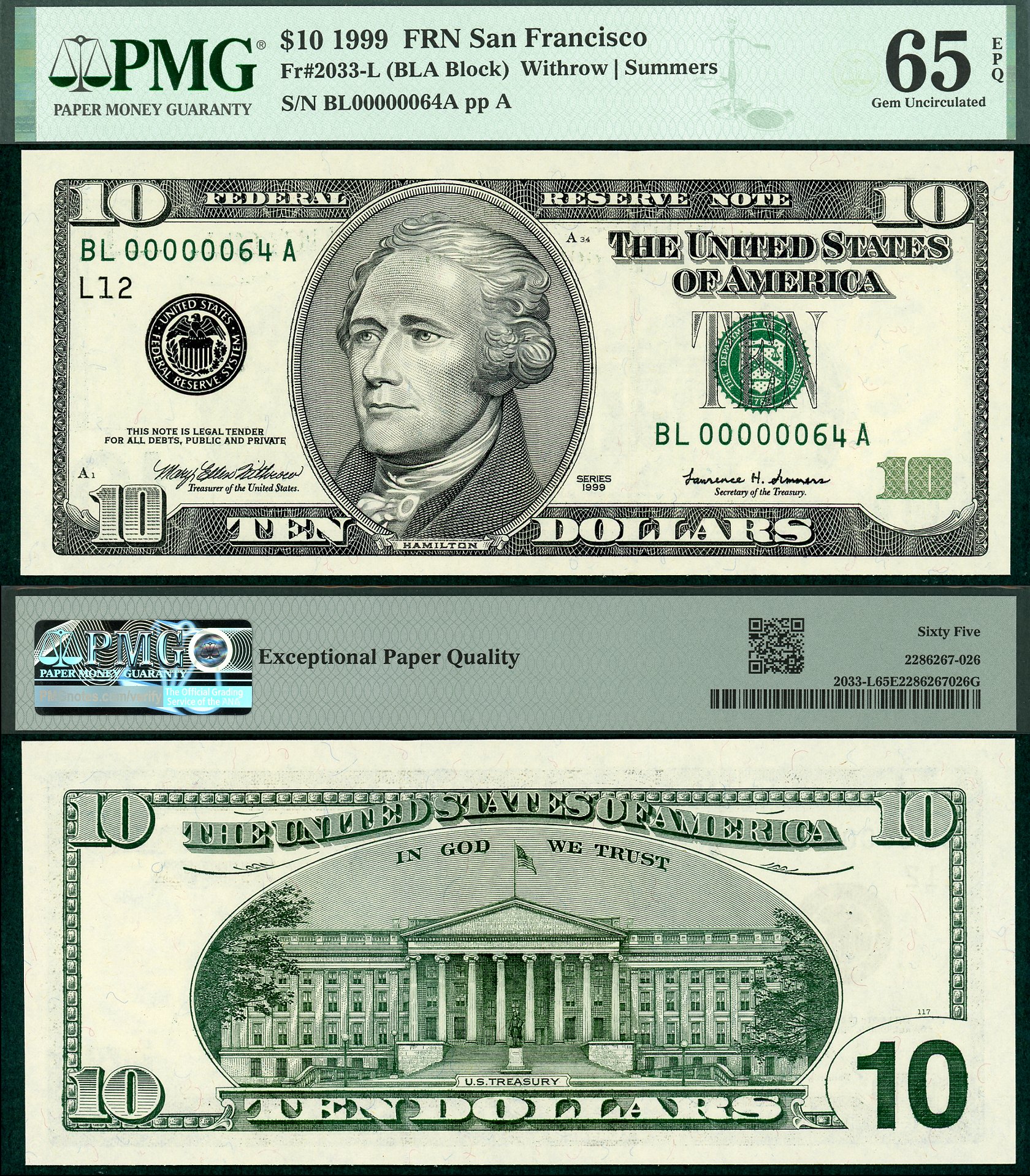 1999 $10 Federal Reserve Note FR-2033L PMG Gem 65EPQ Low Fancy Two Digit S/N BL00000064A