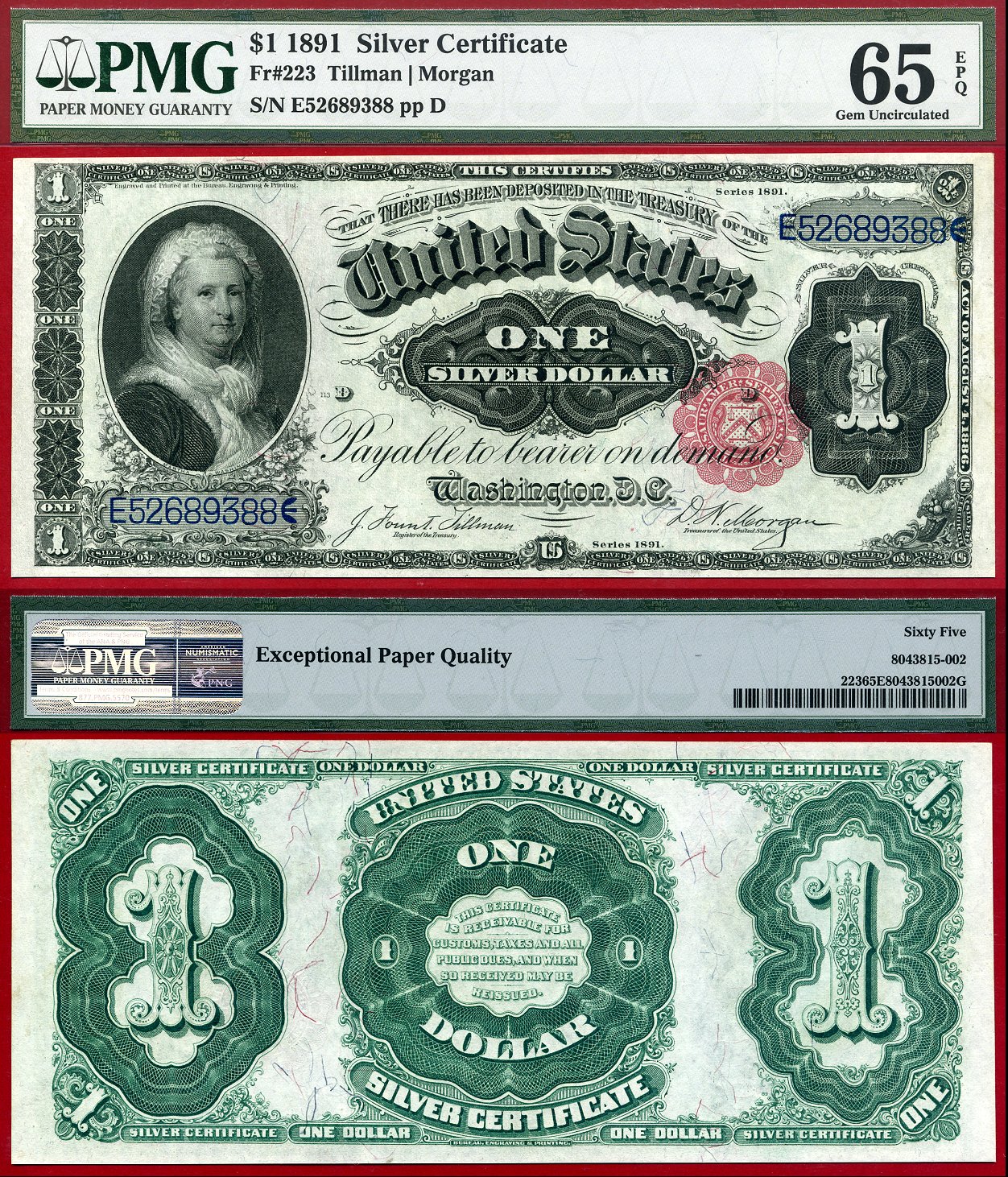 1891 $1 Silver Certificate FR-223 PMG Graded Gem Uncirculated 65EPQ S/N E52689388