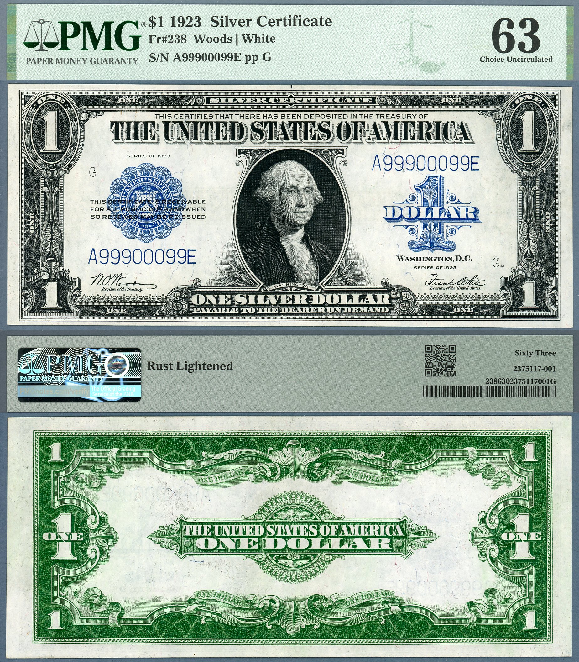 1923 $1 Silver Certificate FR-238 PMG CU 63 Rust Lightened Fancy S/N A99900099E