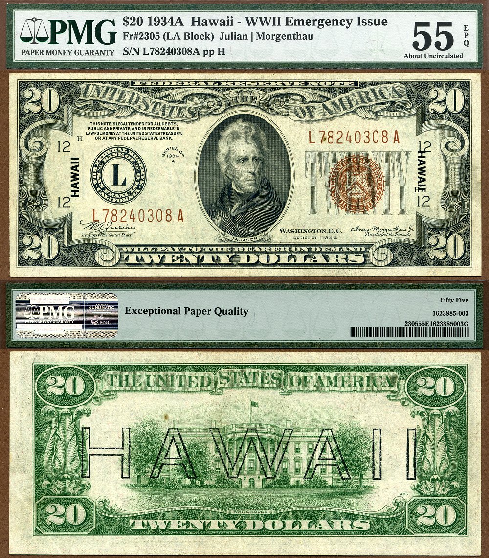 1934A $20 Hawaii FRN FR-2305 PMG Graded AU 55EPQ S/N L 78240308 A
