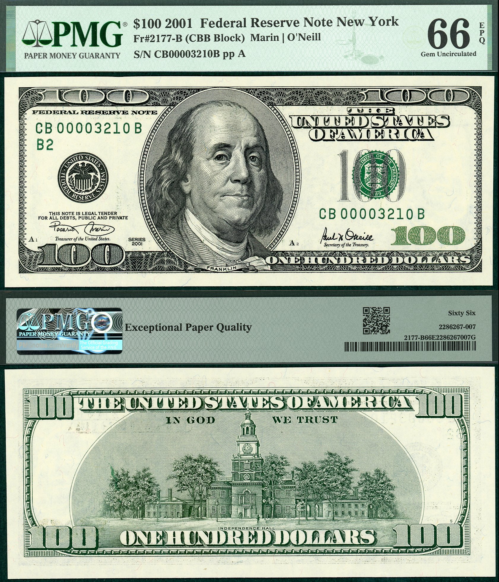 2001 $100 Federal Reserve Ladder Note FR-2177B PMG Gem 66EPQ S/N CB00003210B