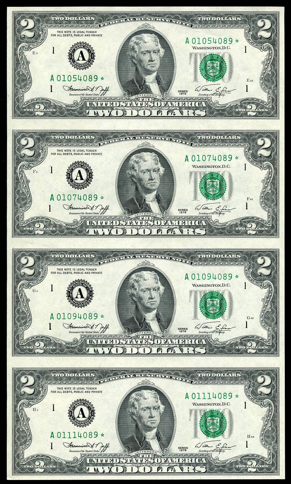 1976 $2 Federal Reserve Star 4 Note Uncut Sheet S/N B01539799*
