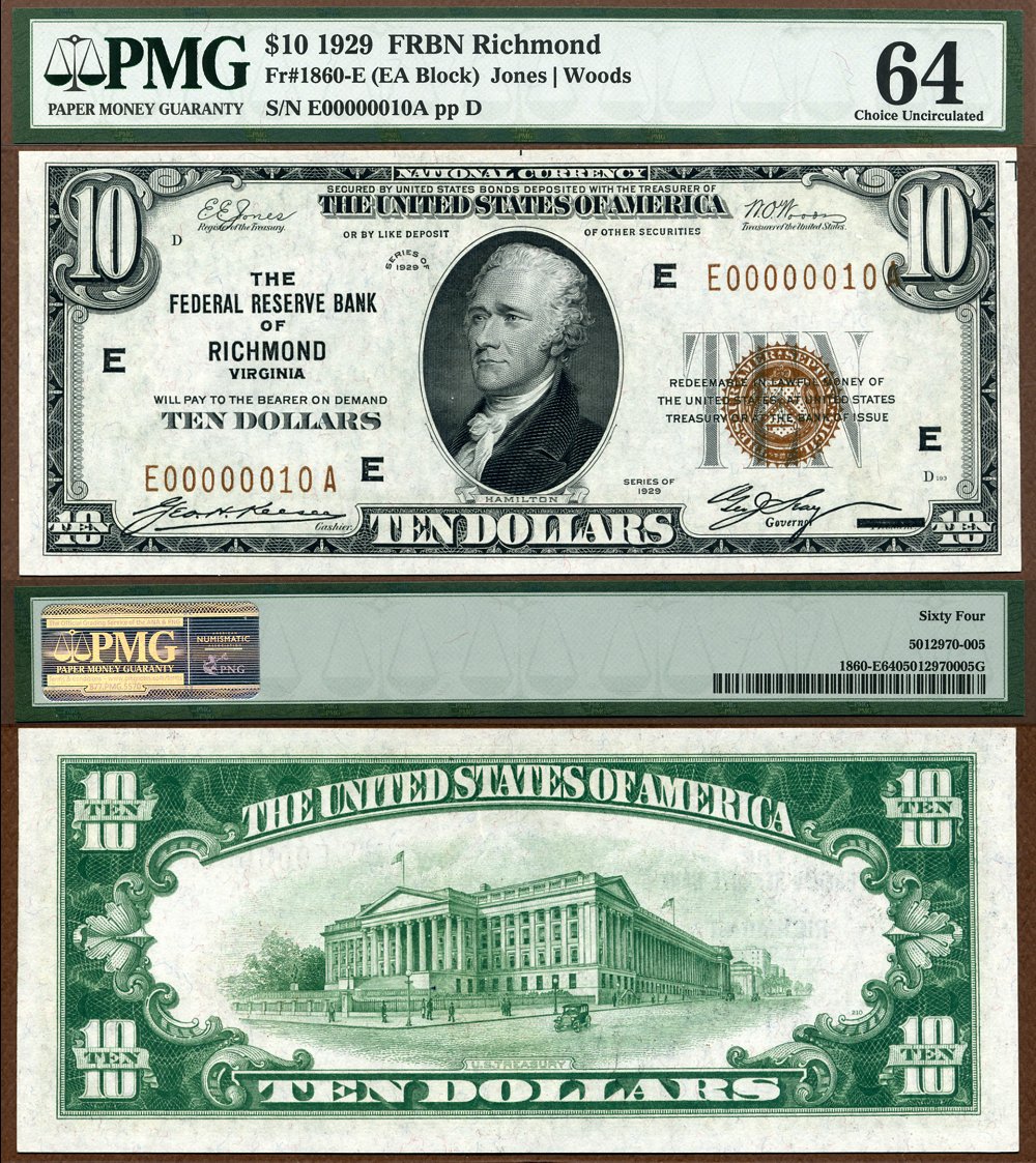 1929 $10 Federal Reserve Bank Note FR-1860-E Richmond Virginia PMG CU 64 S/N E00000010A