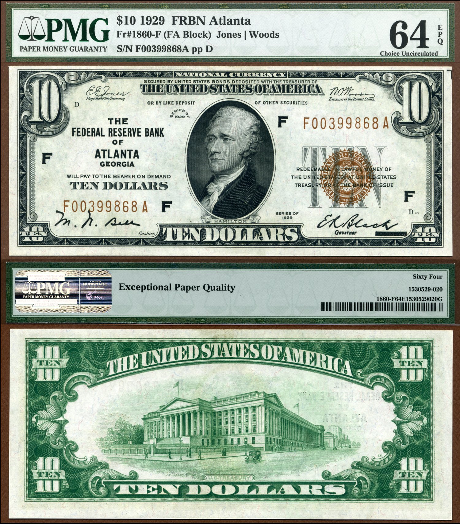 1929 $10 Federal Reserve Bank Note FR-1860-F Atlanta Georgia PMG Graded Choice Uncirculated 64EPQ S/N F00399868A