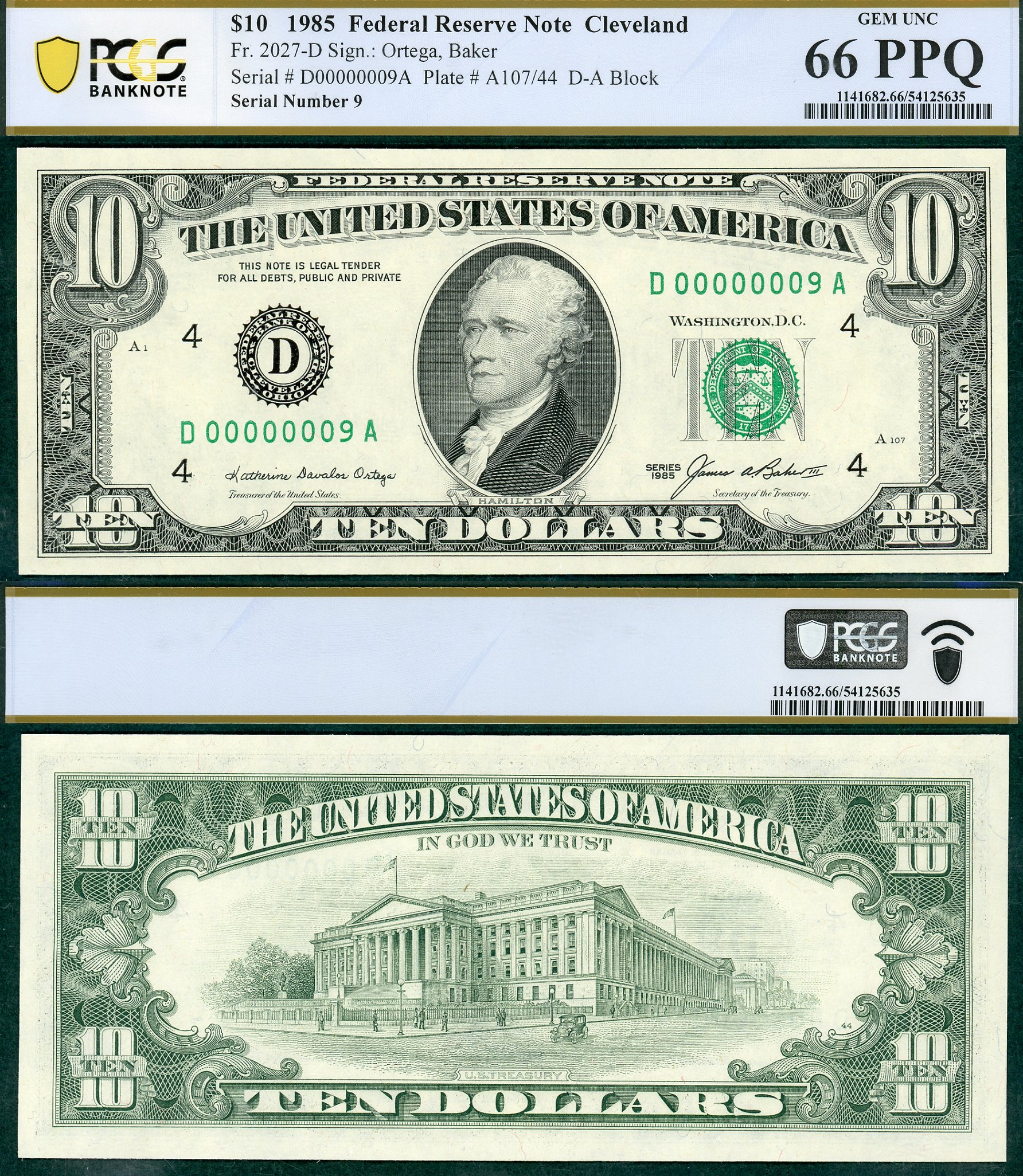 1985 $10 Federal Reserve Note PCGS B Gem Unc 66PPQ Low Fancy Single Digit S/N D00000009A