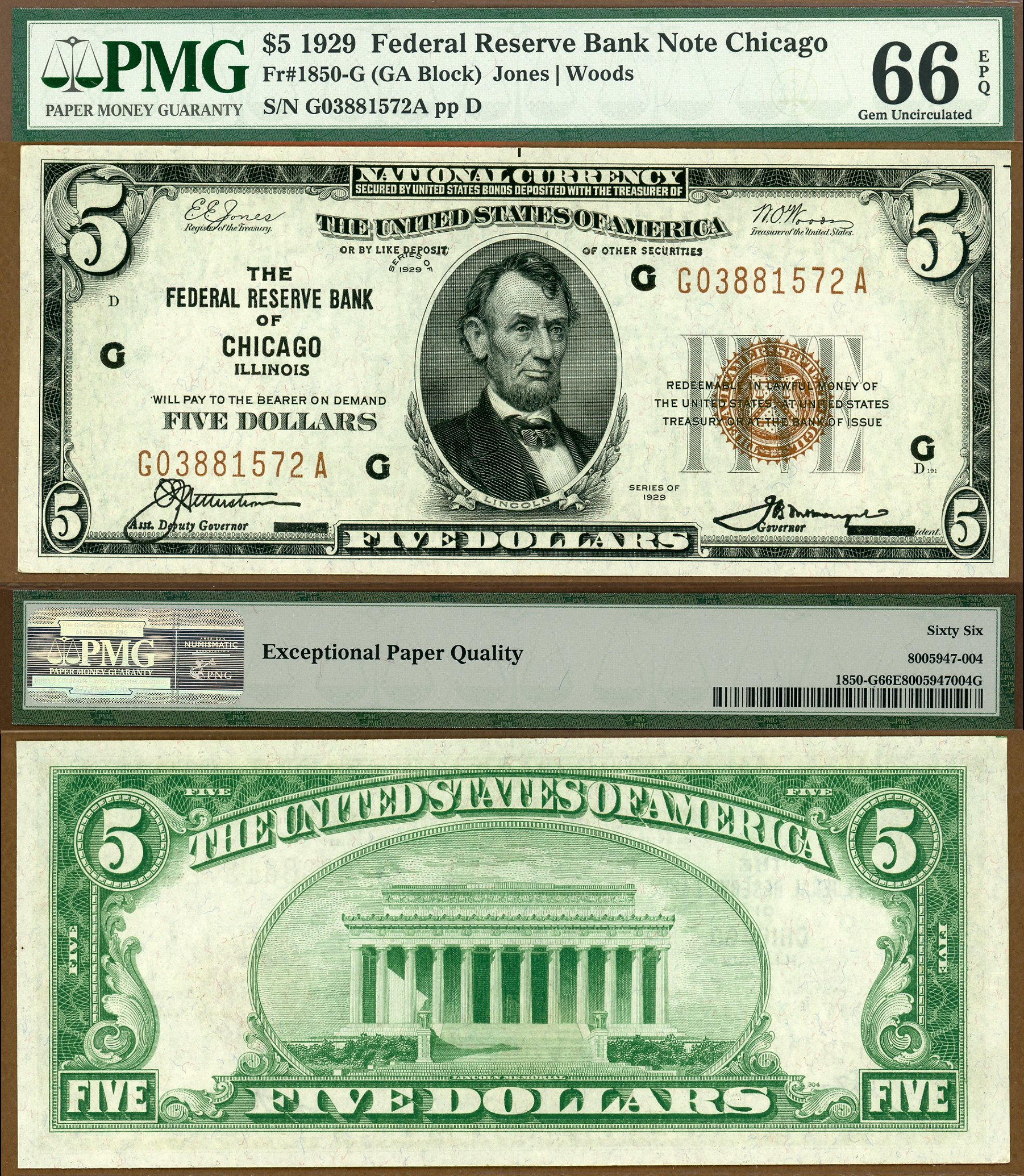 1929 $5 Federal Reserve Bank Note FR-1850-G Chicago Illinois S/N G03881572A