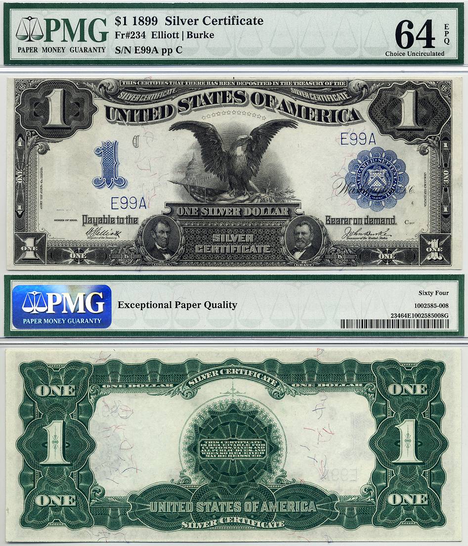 1899 $1 Silver Certificate "Black Eagle" FR-234 PMG CU64EPQ S/N E99A