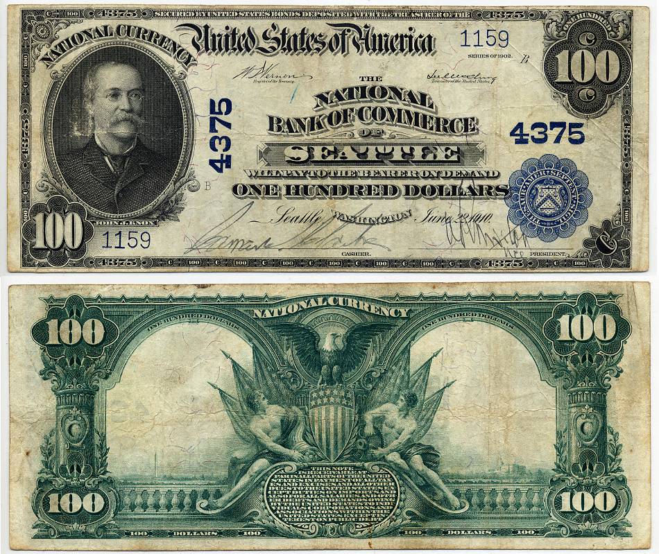 1902 $100 National Bank Note Plain Back Charter 4375 S/N 1159