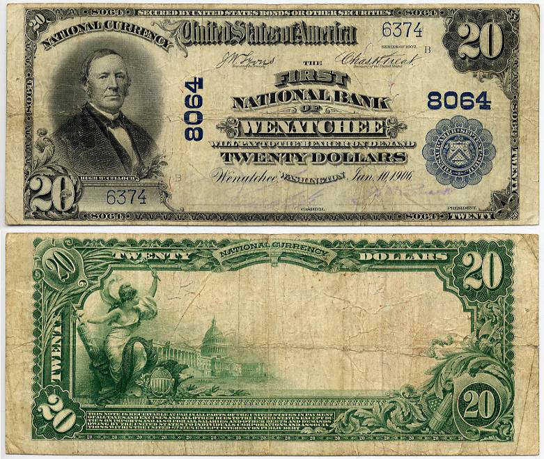 1902 $20 The First National Bank of Wenatchee Washington Charter 8064 Plain Back S/N 6374