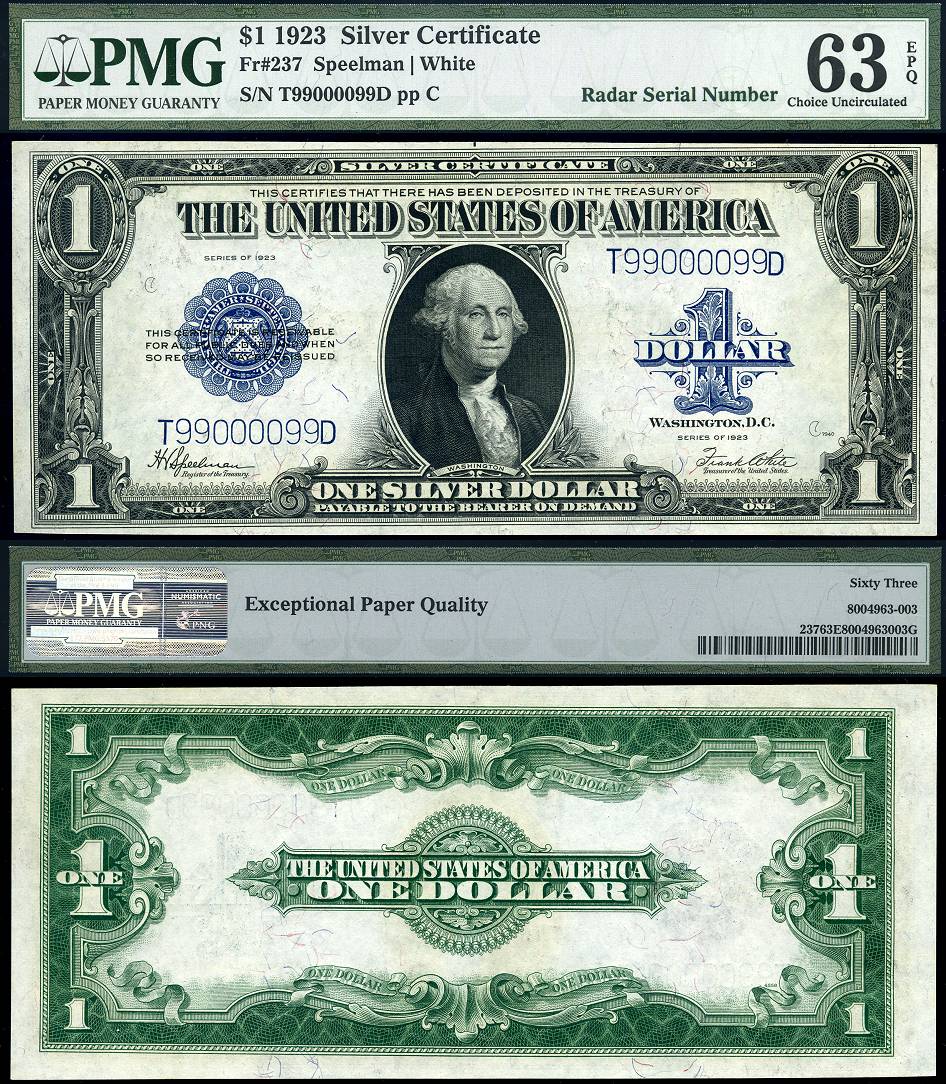 1923 $1 Silver Certificate FR-237 PMG Gem 65EPQ S/N T99000099D