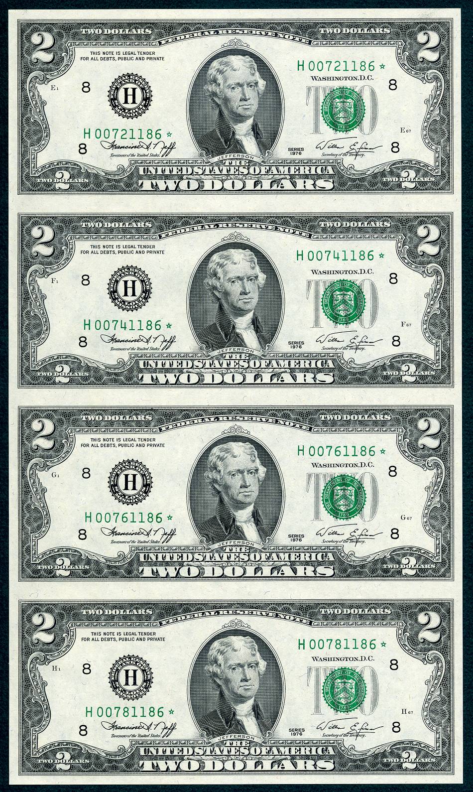 1976 $2 Federal Reserve 4 Note Uncut Star Sheet H* St. Louis S/N H00721186*