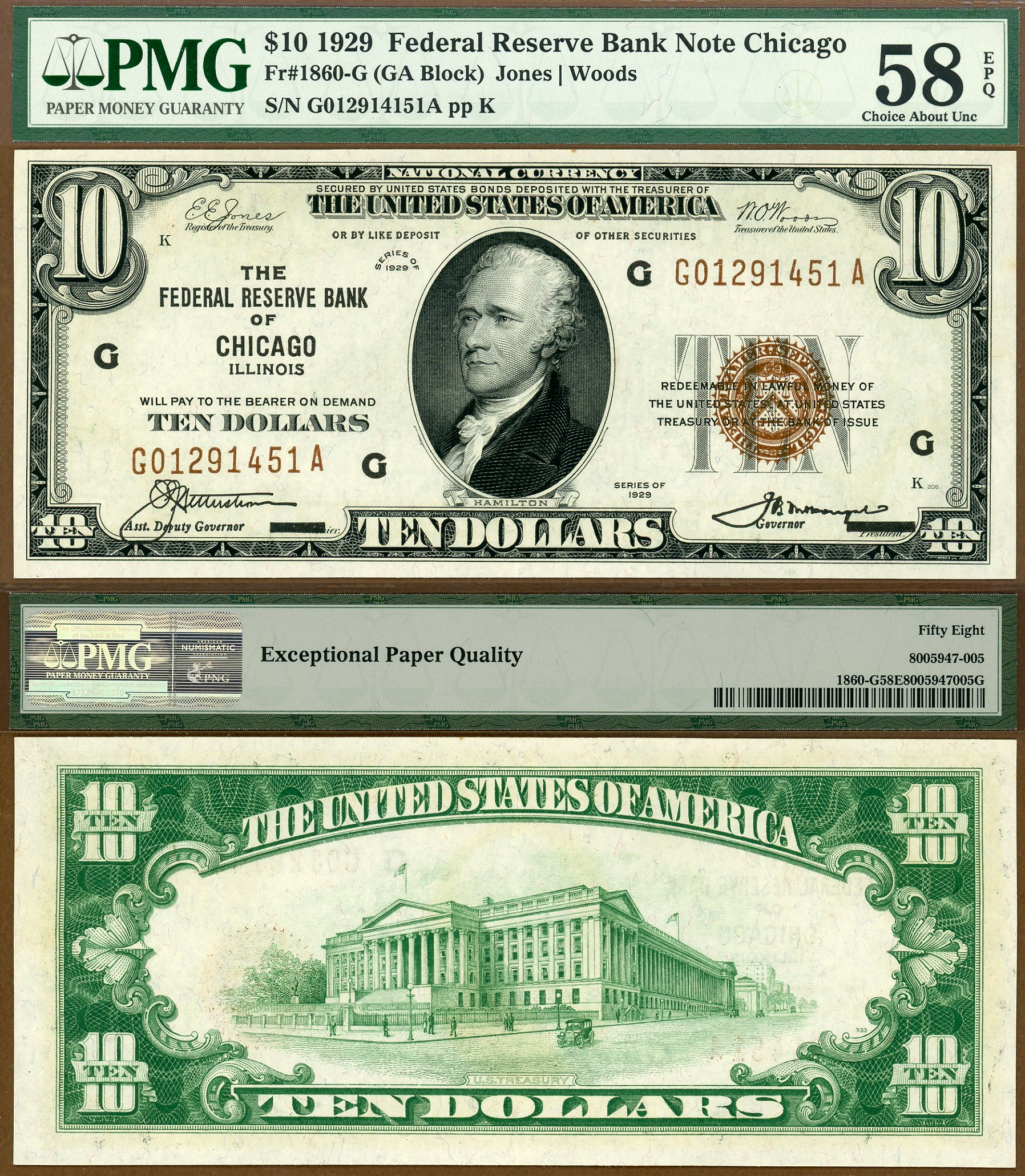 1929 $10 Federal Reserve Bank Note FR1860-G PMG AU58EPQ Chicago Illinois S/N G01291451A