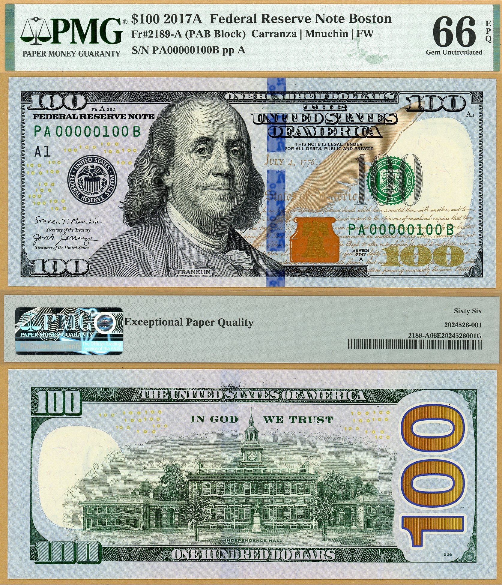 2017 $100 Federal Reserve Note FR-2189A PMG Gem 66EPQ S/N PA00000100B