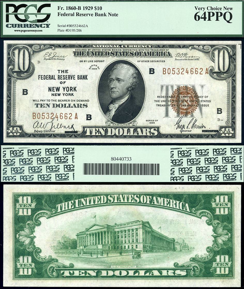1929 $10 Federal Reserve Bank Note FR-1860-B New York S/N B05324662A