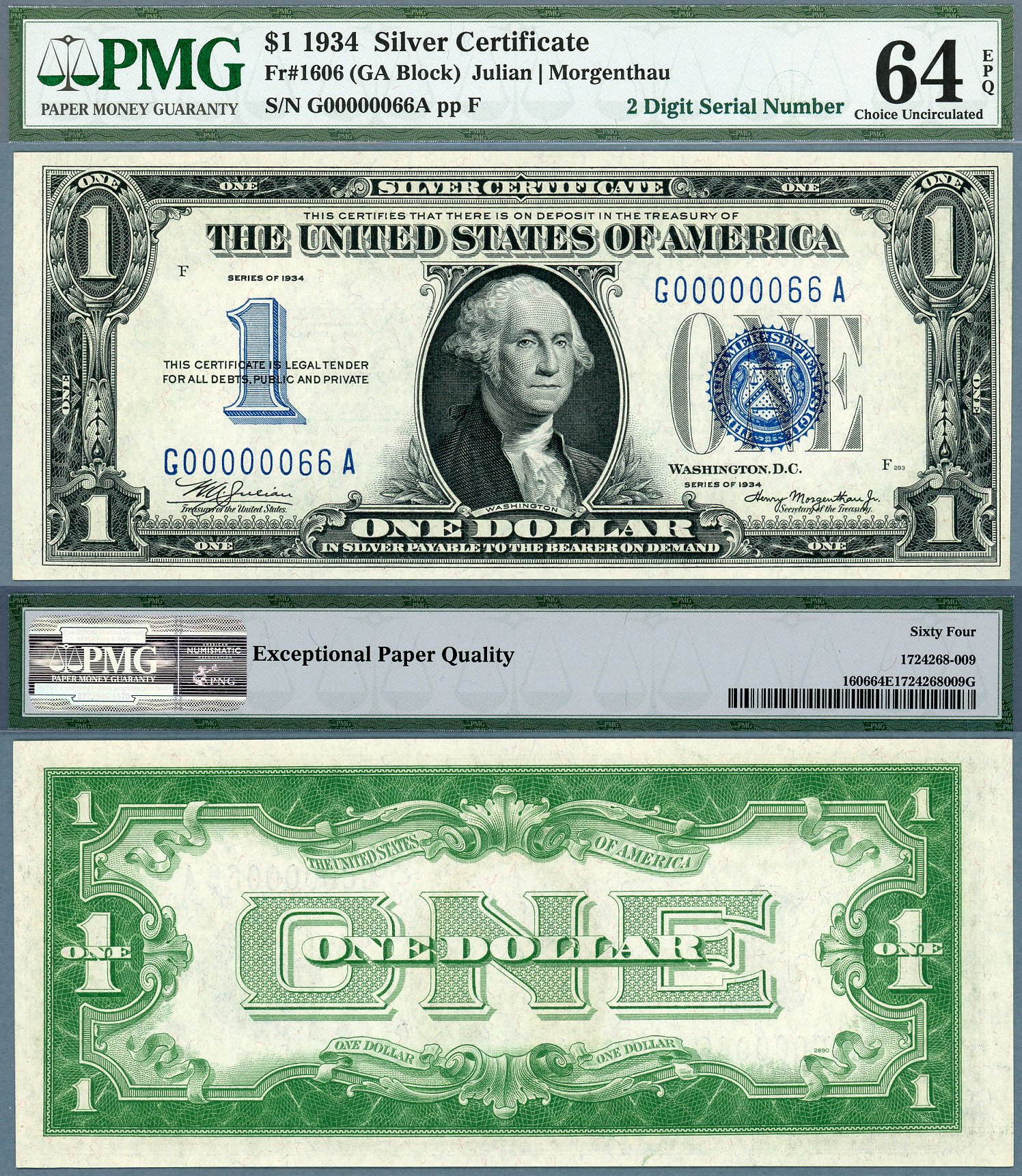 1934 $1 Silver Certificate FR-1606 PMG Graded CU64EPQ S/N G00000066A