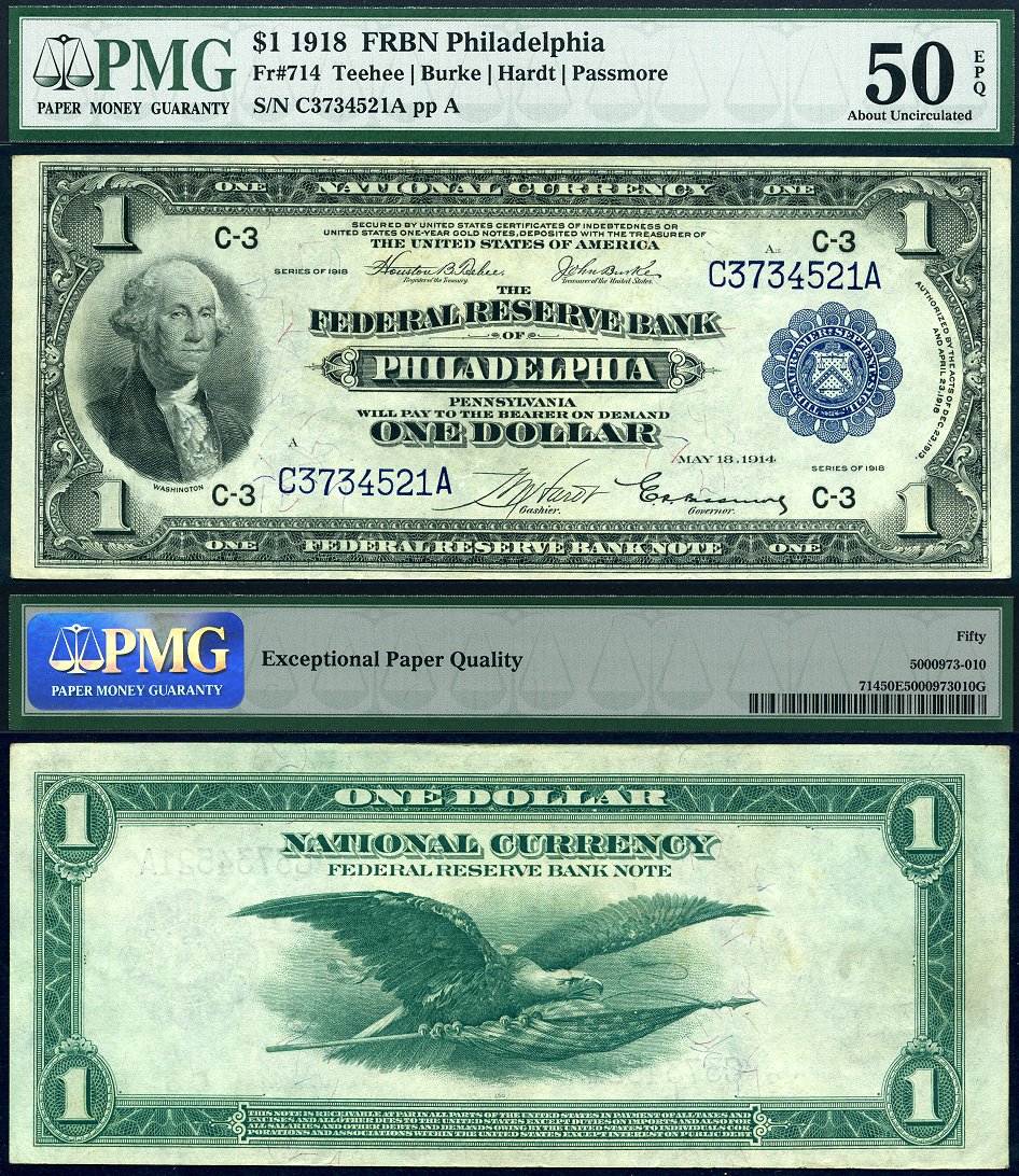 1918 $1 Federal Reserve Bank Note FR-714 "Philadelphia Pennsylvania District" S/N C3734521A