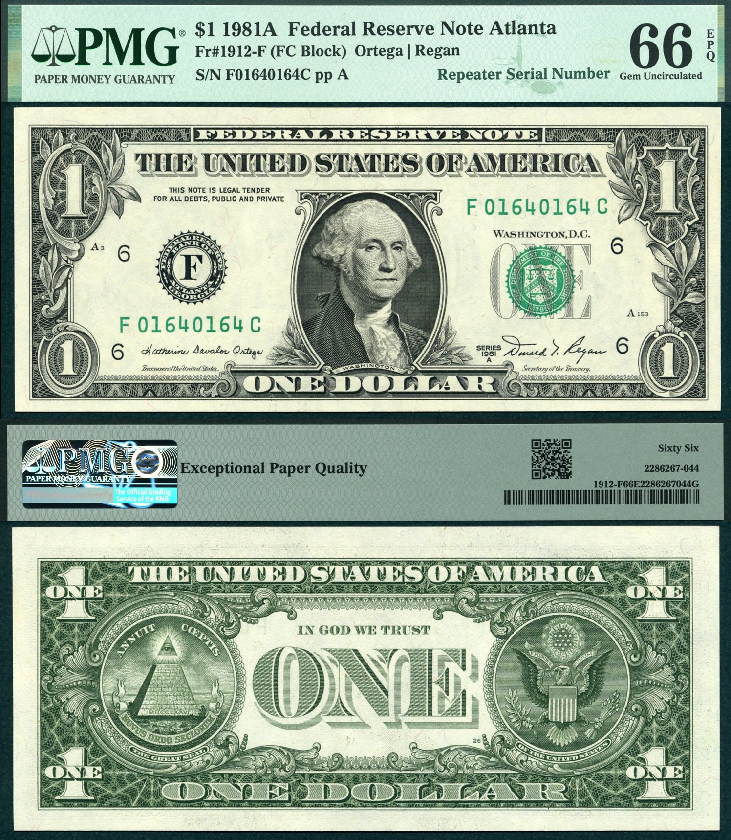 1981A $1 Federal Reserve Note PMG Gem 66EPQ Fancy Repeater S/N F01640164C