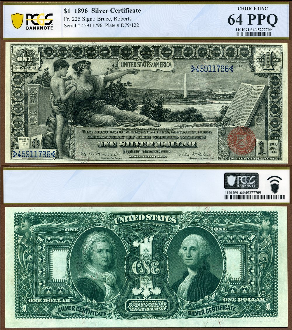1896 $1 Silver Certificate Educational Series FR-225 PCGS B CU 64PPQ S/N 45911796