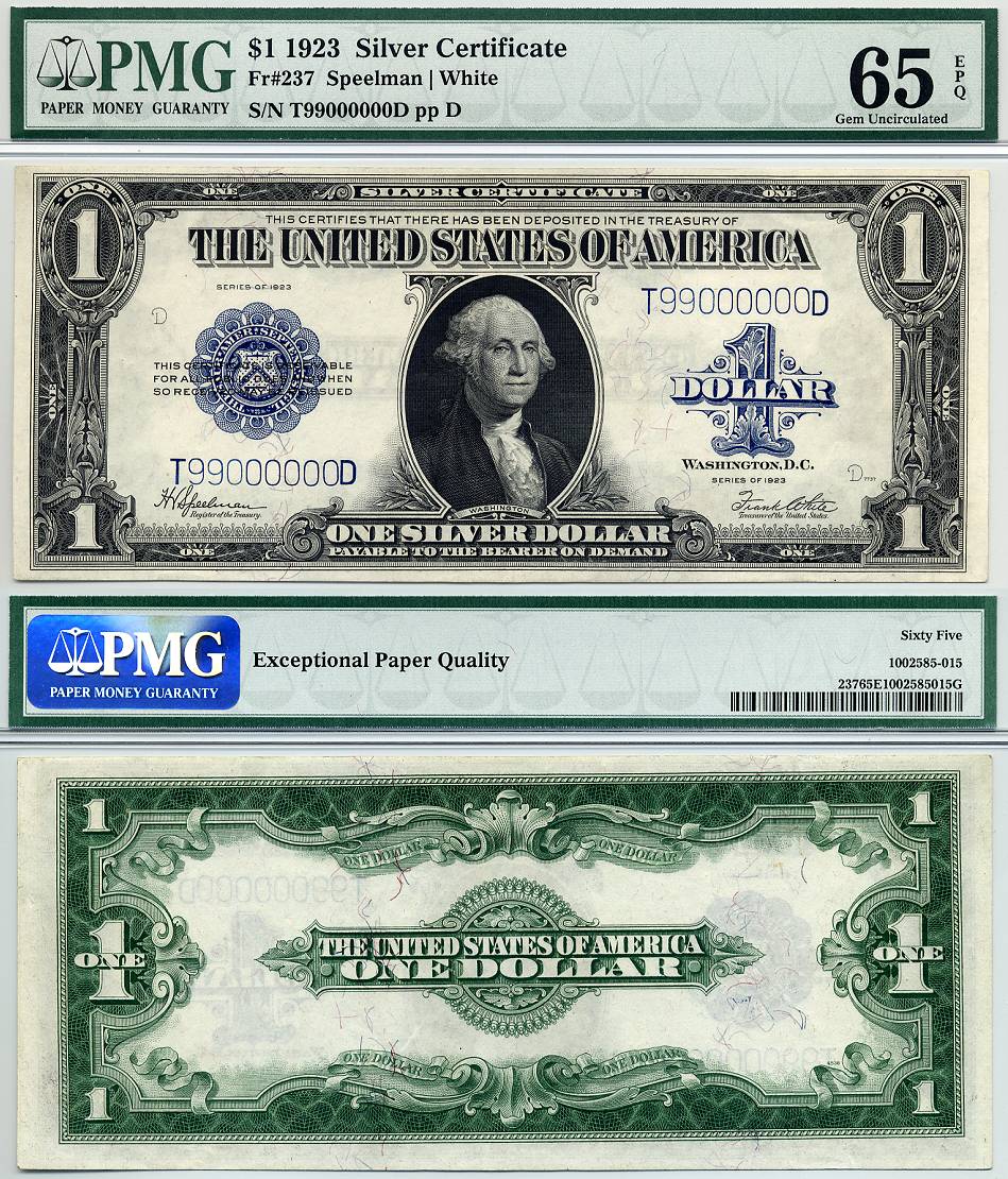 1923 $1 Silver Certificate FR-237 PMG 65EPQ S/N T 99000000 D