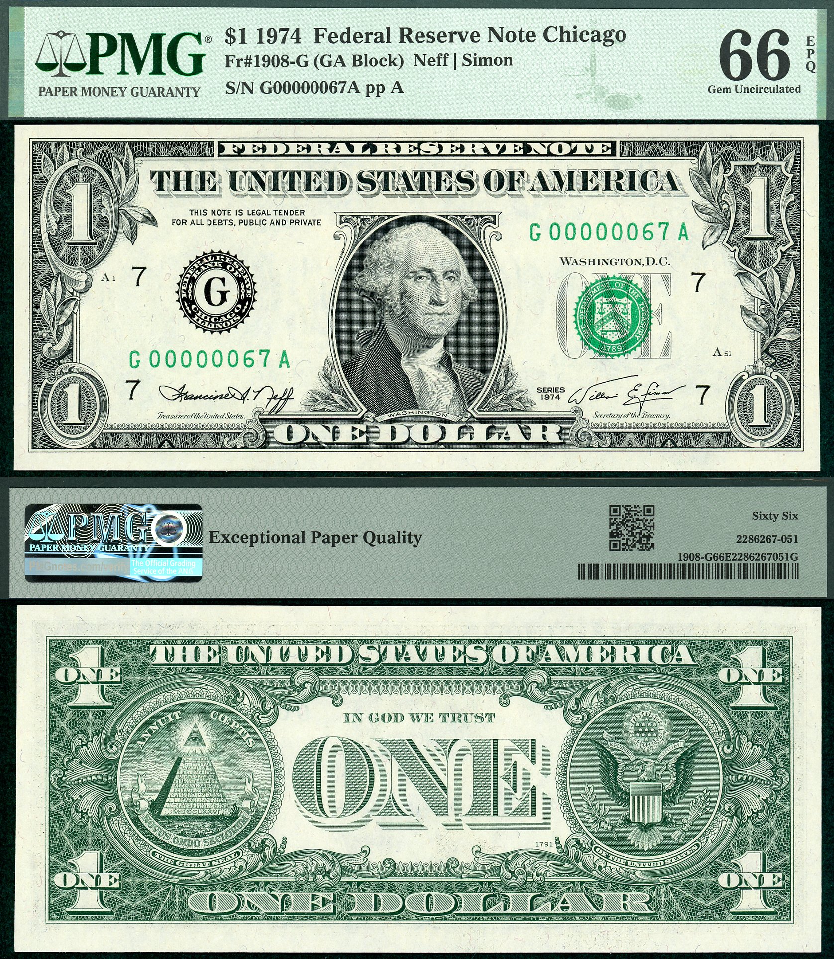 1974 $1 Federal Reserve Note FR-1908G PMG Gem 66EPQ Low Fancy Two Digit G00000067A
