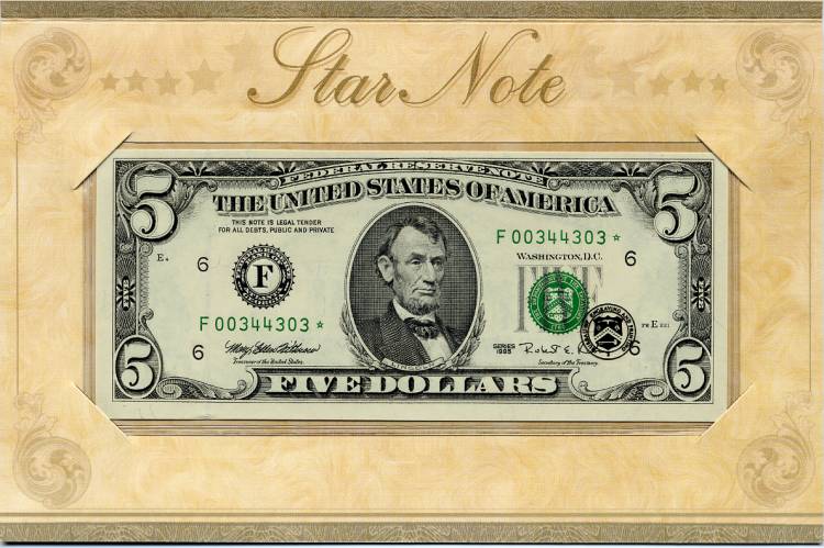 1995 $5 Federal Reserve Single Atlanta Star Notes