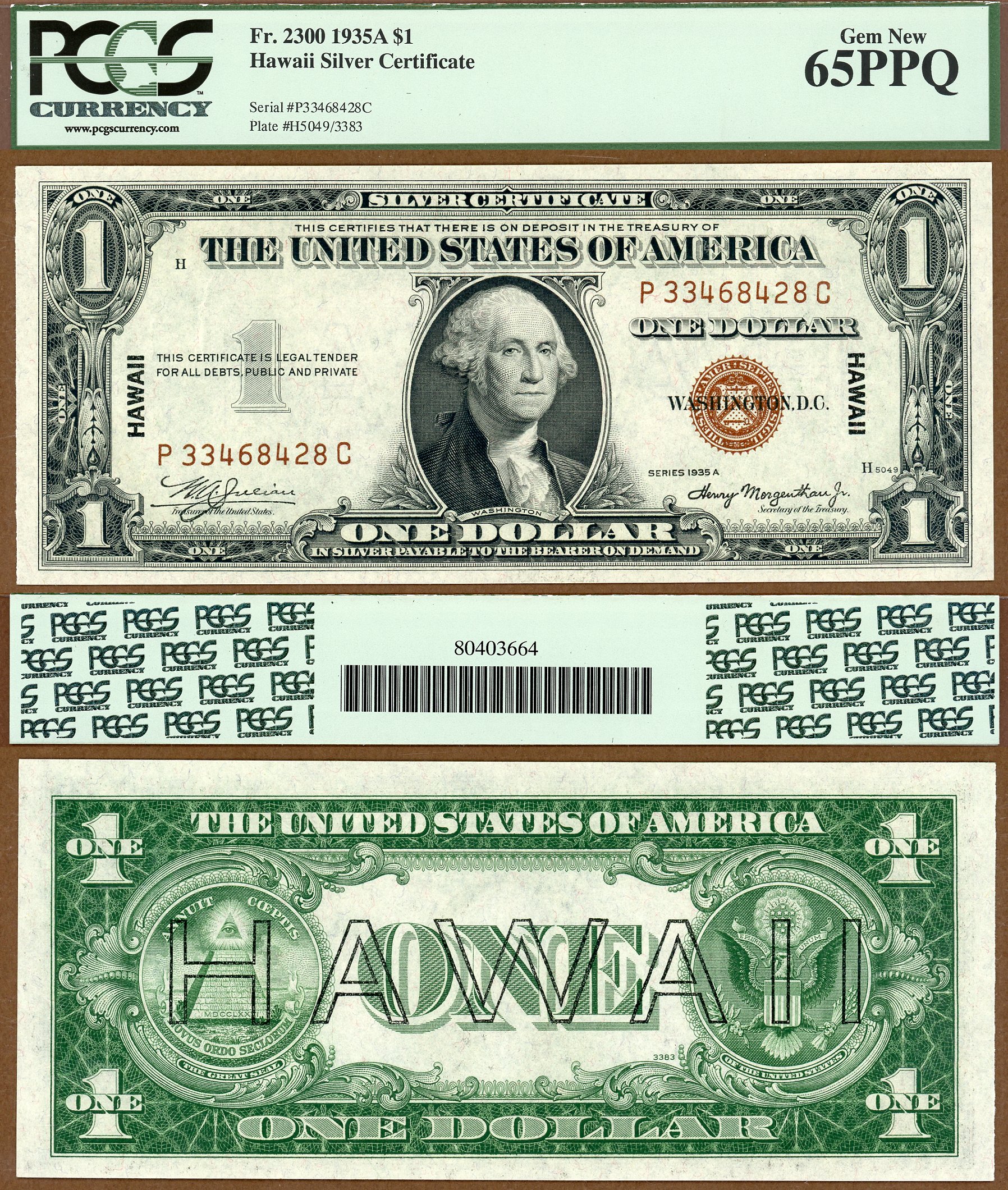 1935A $1 Hawaii Silver Certificate FR-2300 PCGS Gem New 65PPQ S/N P33468428C