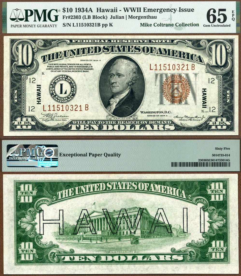 1934A $10 Hawaii FRN FR-2303 PMG Graded Gem 65EPQ S/N L11510321B