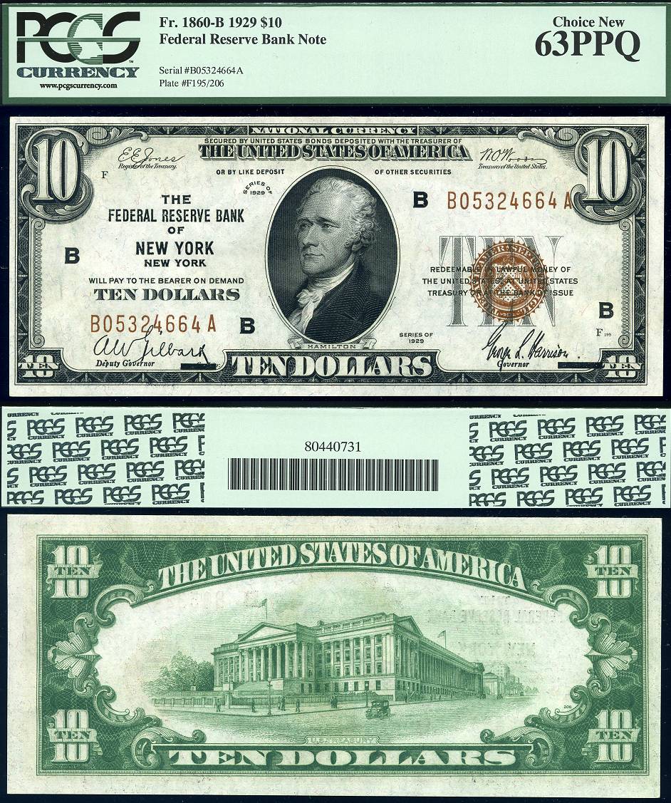 1929 $10 Federal Reserve Bank Note FR-1860-B New York PCGS CU 63PPQ S/N B05324664A