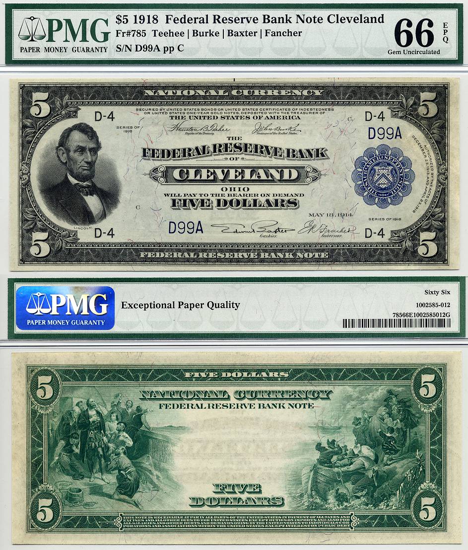 1918 $5 Federal Reserve Bank Note FR-785 PMG Gem 66EPQ S/N D99A