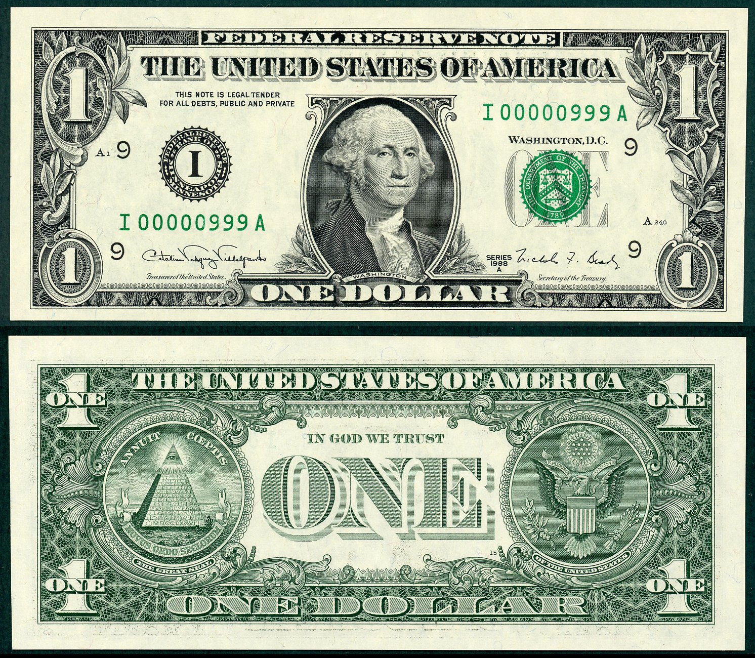 1988A $1 Federal Reserve Note FR-1915i S/N I00000999A