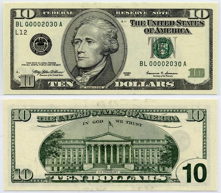 1999 $10 Federal Reserve Note S/N BL00002030A