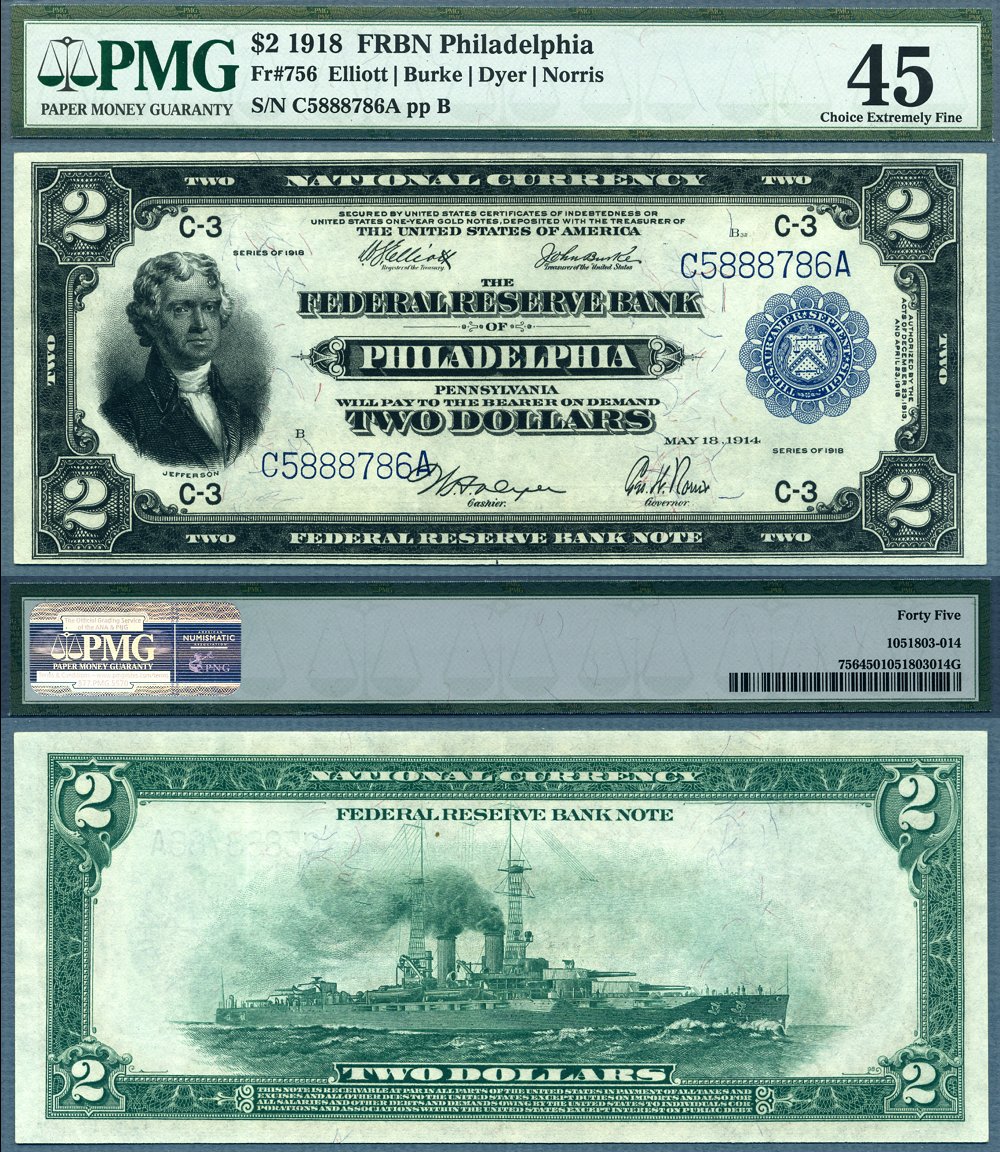 1918 $2 Federal Reserve Bank Note PMG Graded Choice Extremely Fine 45 S/N C5888786A