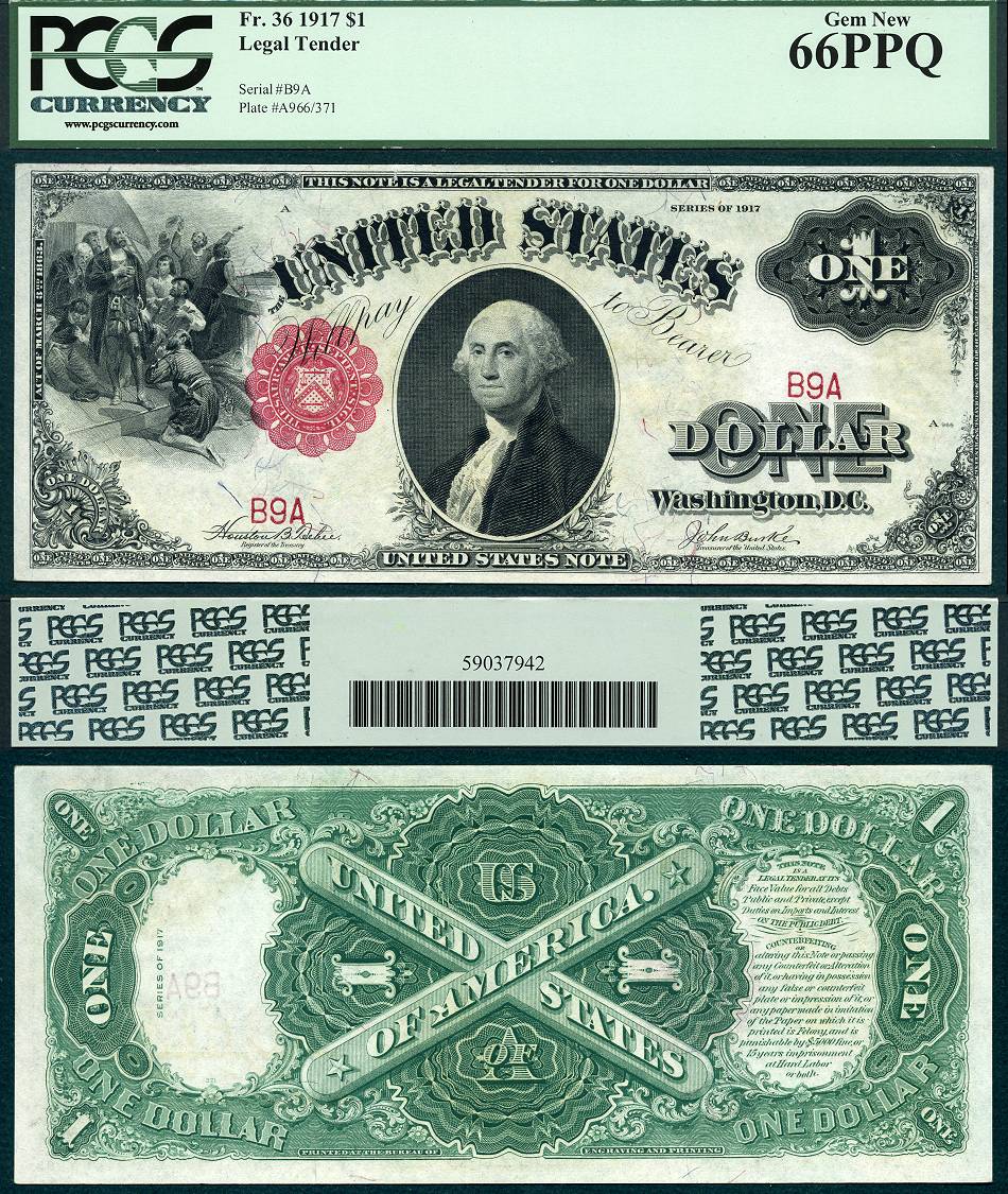 1917 $1 Legal Tender Note FR-36 PMG Gem 66PPQ S/N B9A