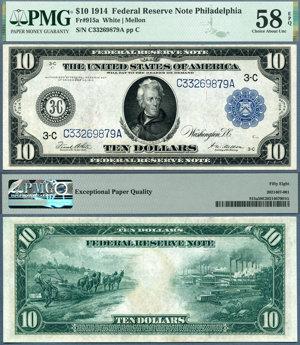 1914 $10 Federal Reserve Note PMG Graded Choice About Uncirculated 58EPQ S/N C33269879A