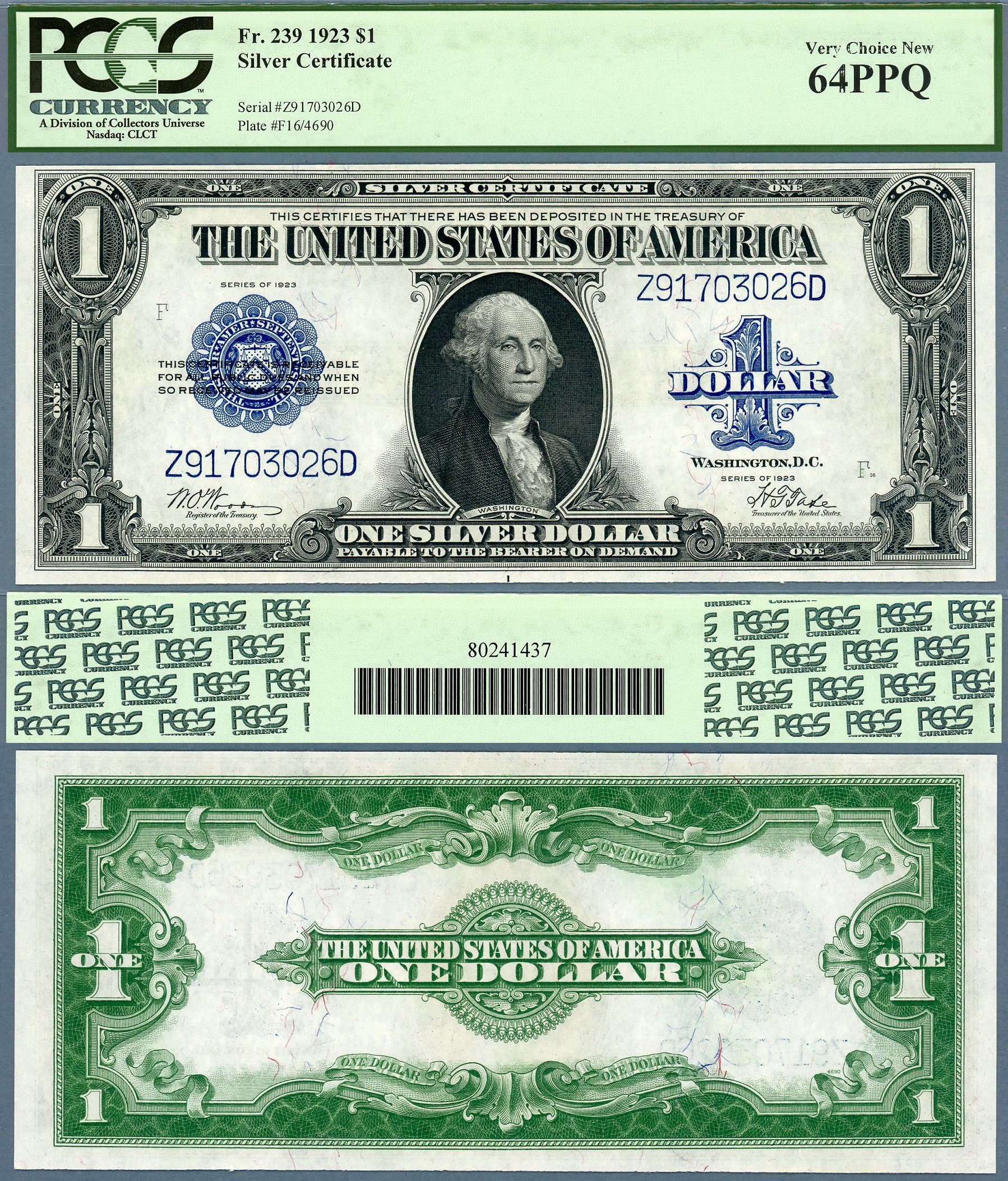 1923 $1 Silver Certificate FR-239 PCGS CU64EPQ S/N Z91703026D Woods & Tate Rarer Issue
