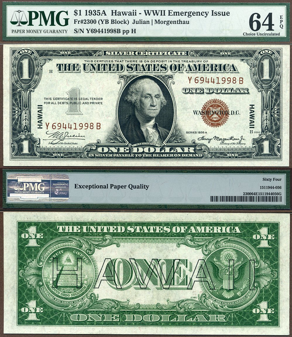 1935A $1 Hawaii Silver Certificate FR-2300 PMG CY 64EPQ S/N Y69441998B