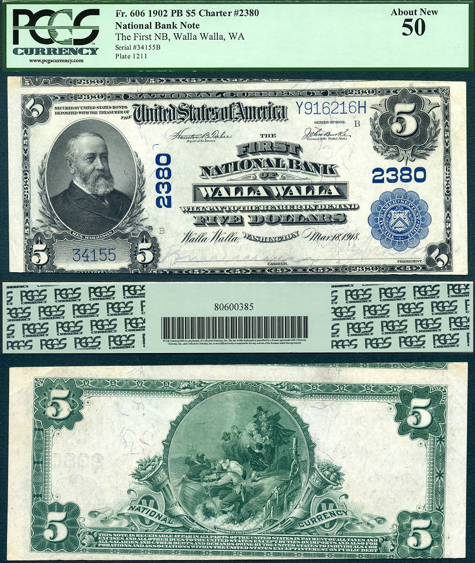 1902 $5 Plain Back The First National Bank of Walla Walla Washington