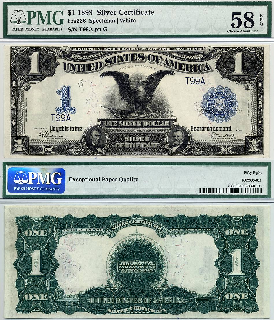 1899 $1 Silver Certificate "Black Eagle" FR-236 PMG AU58EPQ S/N T99A