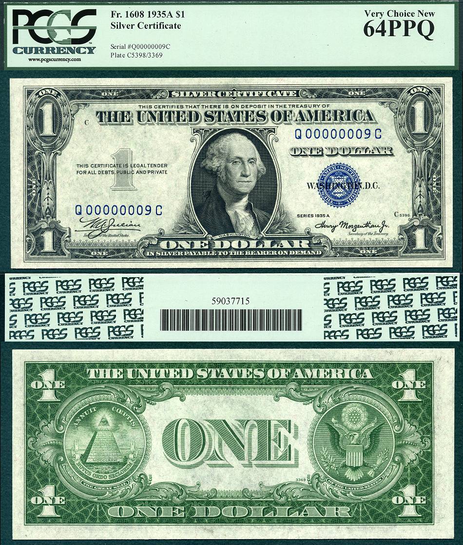 1935A $1 Silver Certificate PCGS CU 64PPQ S/N Q00000009C
