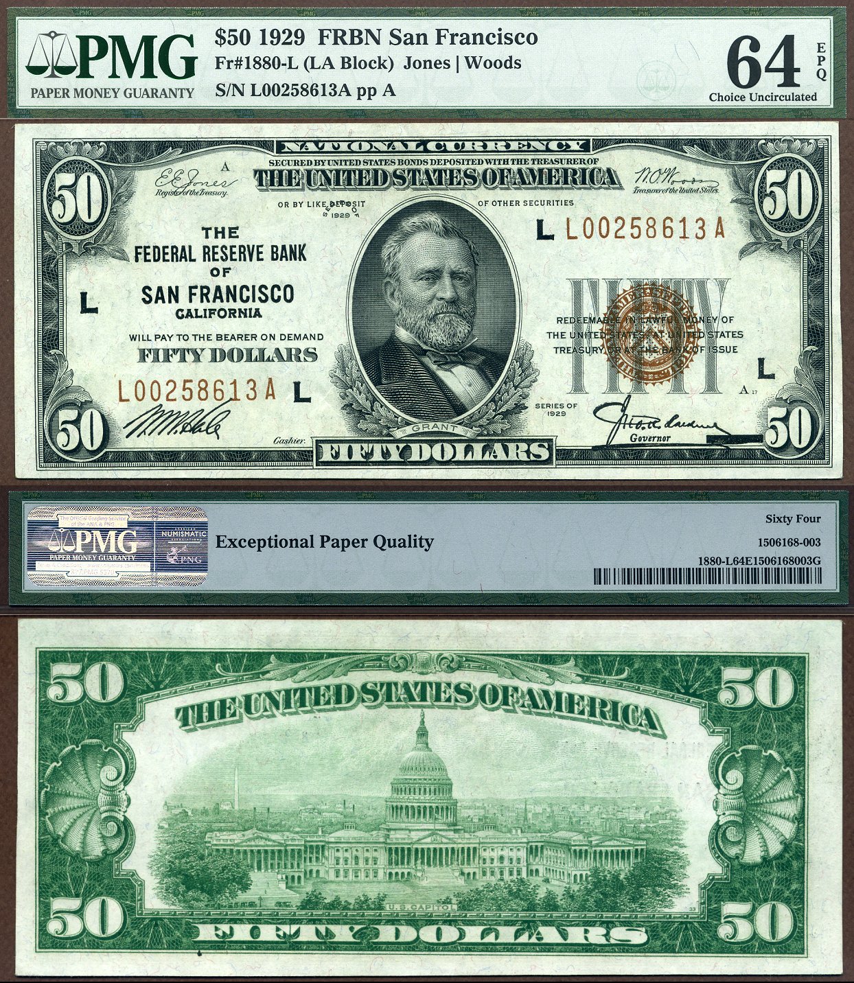 1929 $50 Federal Reserve Bank Note FR-1880-L PMG Graded CU 64EPQ San Francisco S/N L00258613A