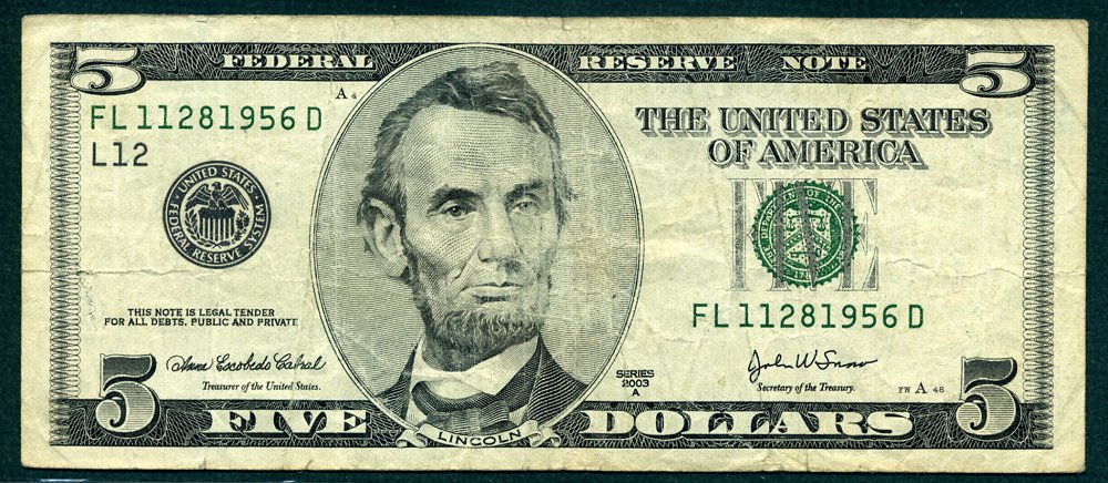 2003A $5 Federal Reserve Note S/N 11/28/1956 S/N FL11281956D