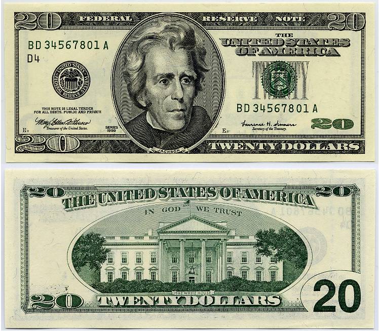 1999 $20 Federal Reserve Note Ladder S/N BD34567801A